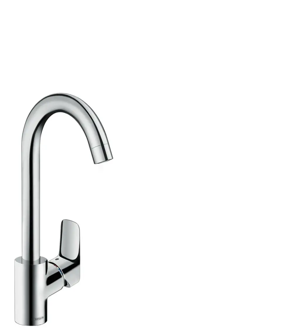 Küchenmischer in Chrom von Hansgrohe mit hohem, geschwungenem Auslauf und seitlichem Bedienhebel zur Regulierung der Wasserzufuhr.